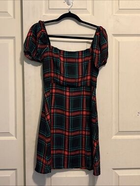 Francesca's Collections Red and Green Tartan Puff-Sleeve Mini Dress
